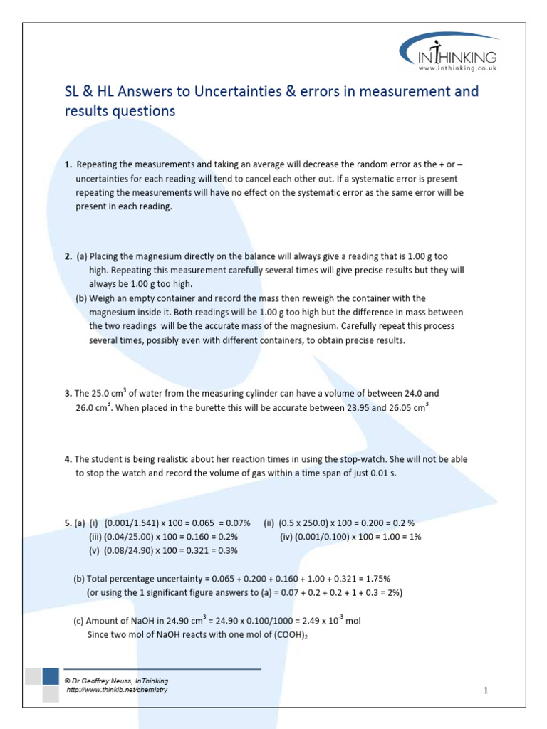 InTh Questions Uncertainties Errors Answers (1) | PDF | Sodium ...