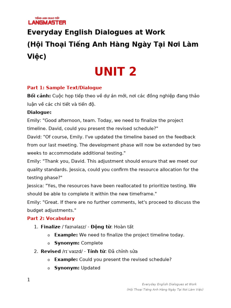 Everyday English Dialogues at Work - UNIT 2 | PDF