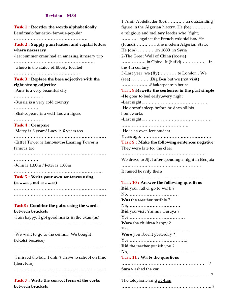 4MS Sequence 1 Revision Tasks | PDF | Linguistics | Languages