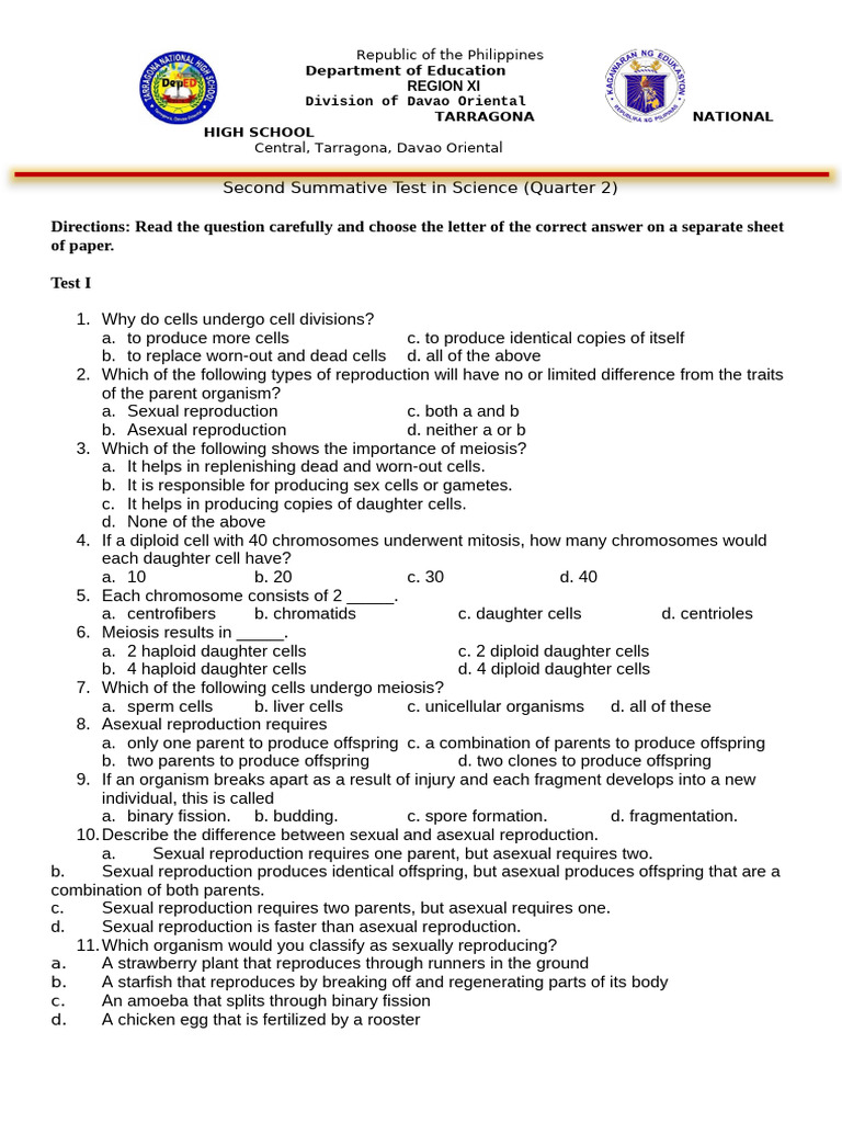 Quarter 2 2nd Summative Test in Science | PDF | Reproduction | Sexual ...