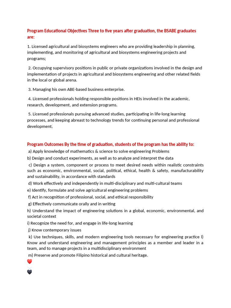 BSABE Program Educational Objectives & Outcomes | PDF
