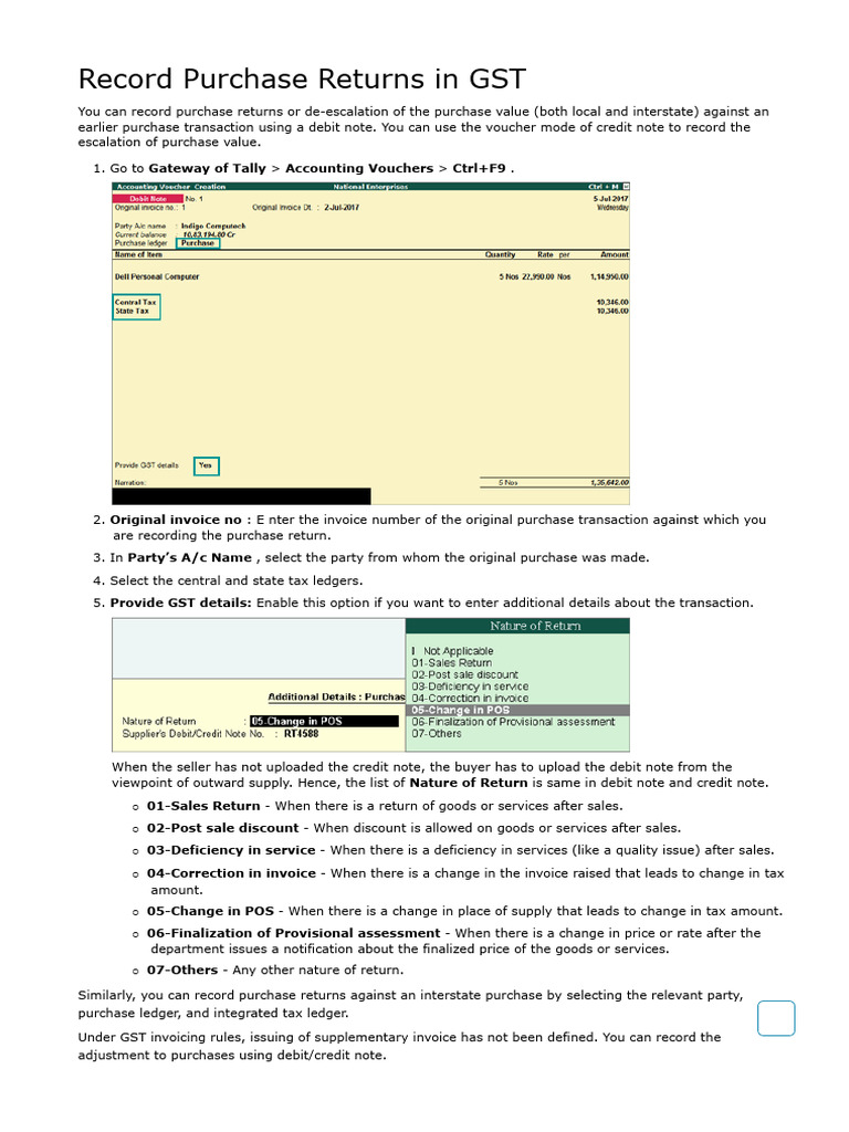 Record Purchase Returns in GST | PDF
