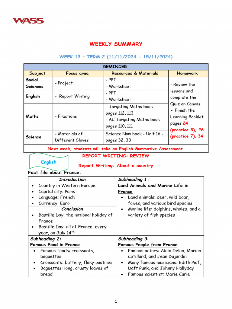 English Weekly Summary Week 13-1 | PDF