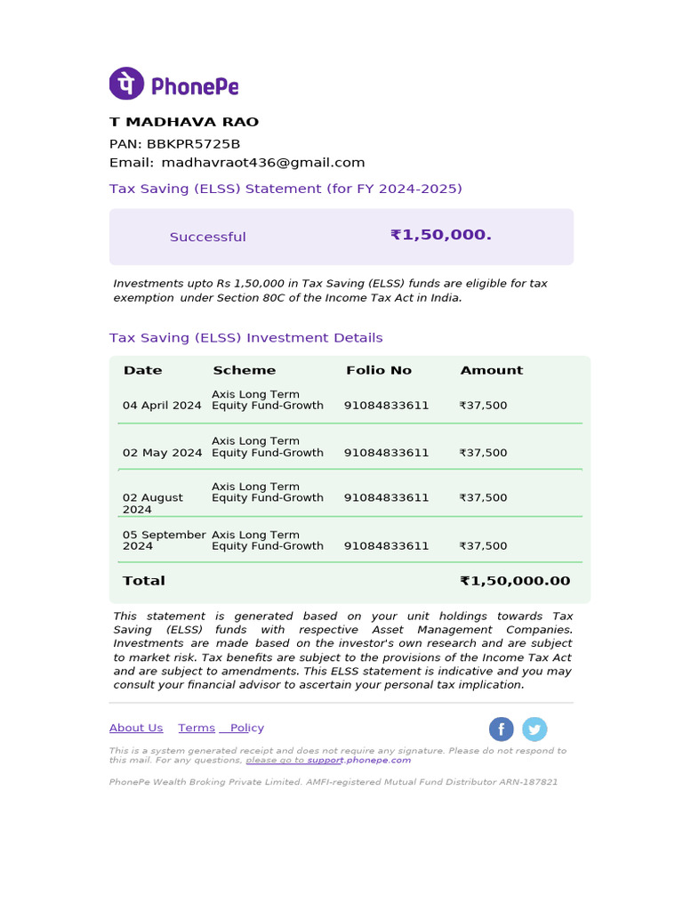 ELSS Tax Saving Statement FY 2024-25 | PDF