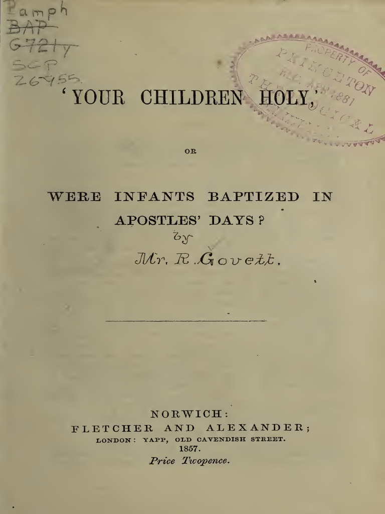 Infant Baptism in Apostolic Times | PDF | Baptism | First Epistle To ...