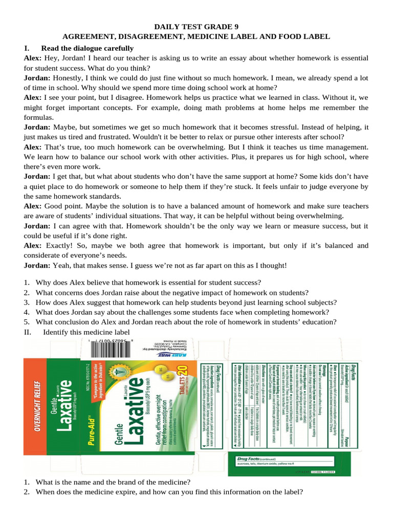 Daily Test Grade 9 Pdf Homework