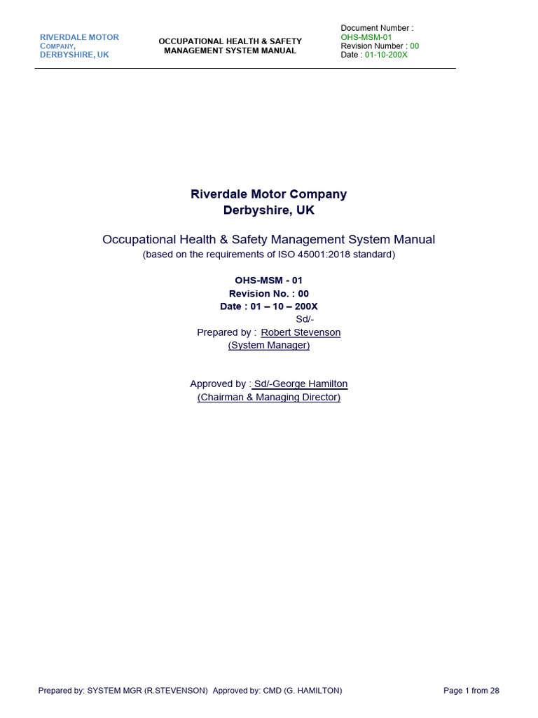 Riverdale Motor Co. OHS Management Manual | PDF | Occupational Safety ...