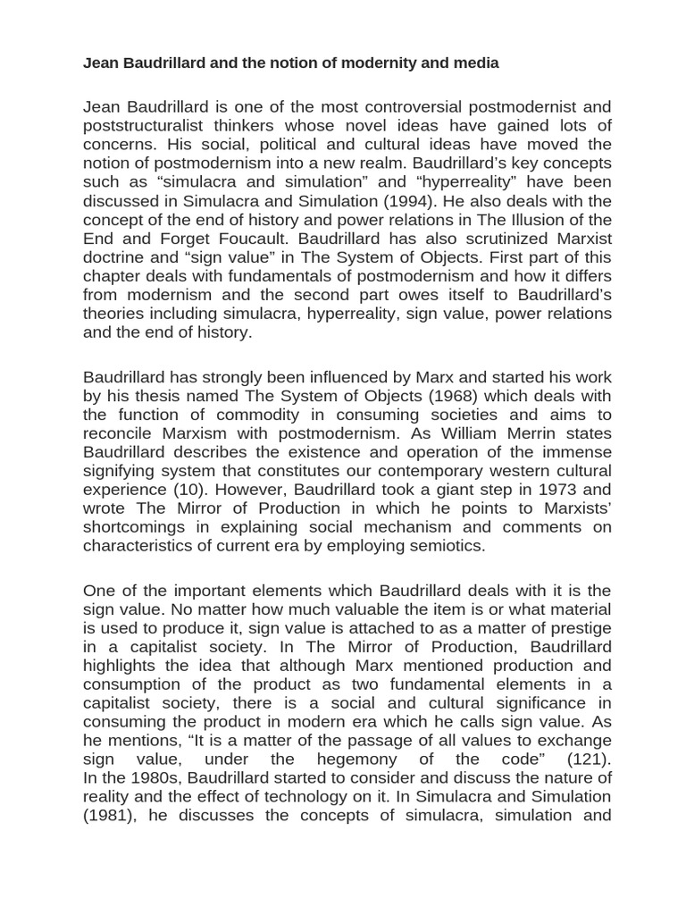 Jean Baudrillard and The Notion of Modernity and Media | PDF ...