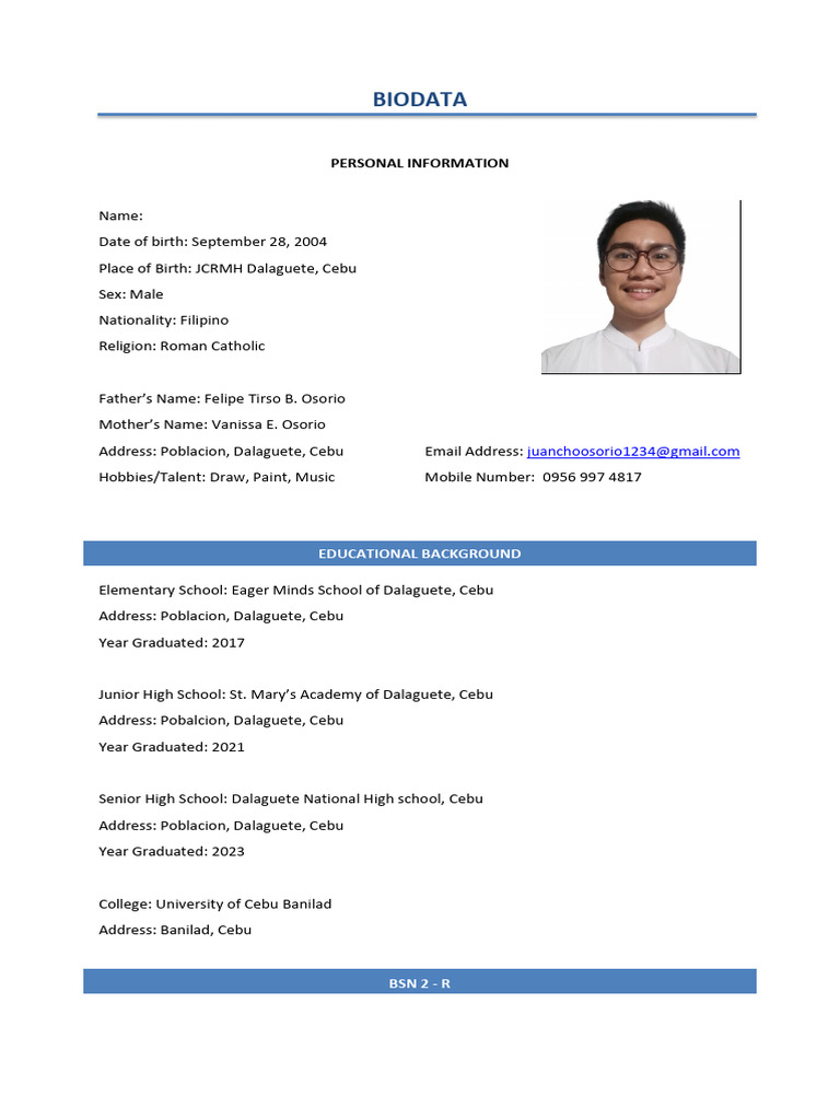 Personal Biodata of Juancho Osorio | PDF