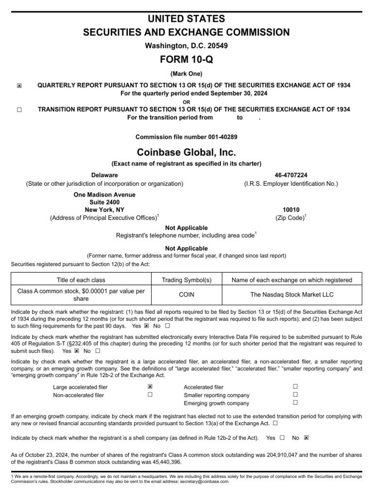 Coinbase Q3 2024 Financial Report | PDF | Equity (Finance) | Stocks