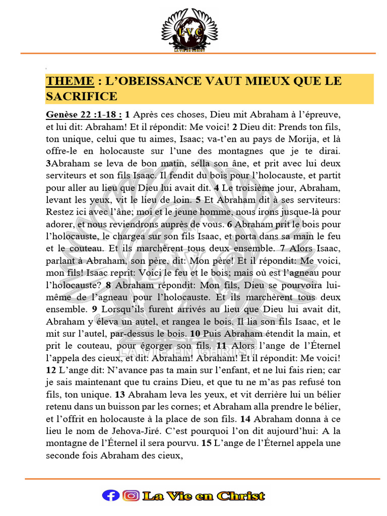 Obéissance et Sacrifice dans la Bible | PDF | Isaac | Abraham