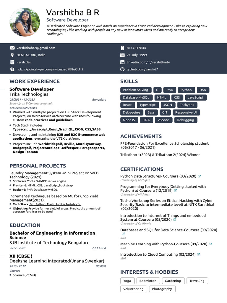 Varshitha B R: Work Experience Skills | PDF | Computing | Software ...