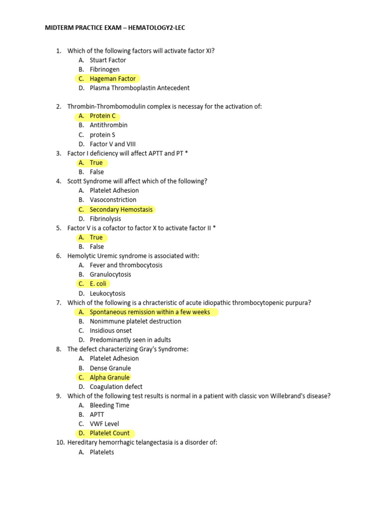 Midterm Exam Hema 2 Lec | PDF | Coagulation | Platelet