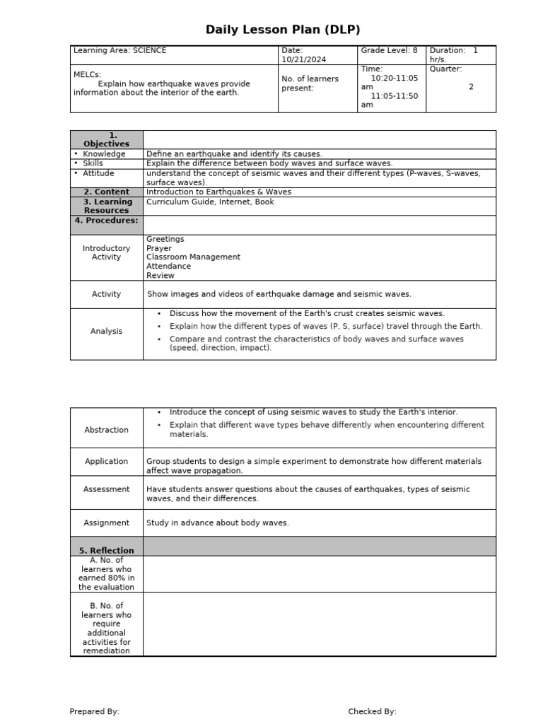 Grade 8 Science: Earthquake Waves Lesson Plan | PDF | Seismology ...