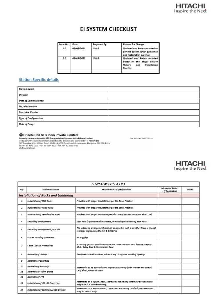 EI System Installation Checklist | PDF | Mains Electricity | Voltage