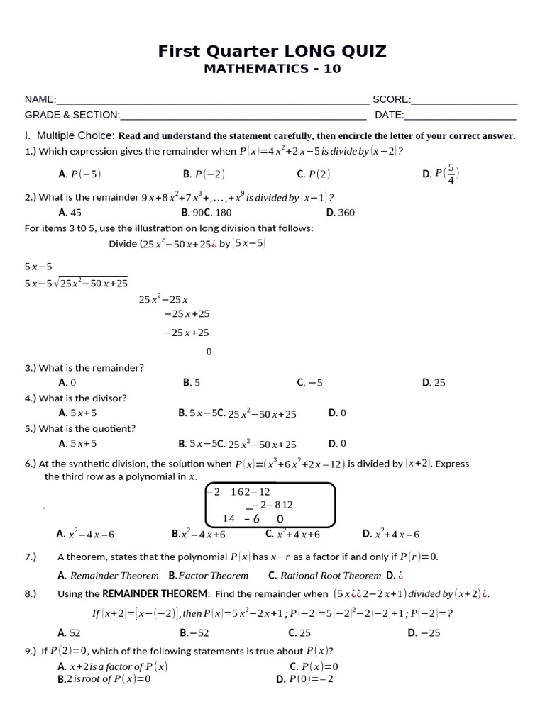 Math-10-First Grading 2024 - Review | PDF | Factorization | Polynomial