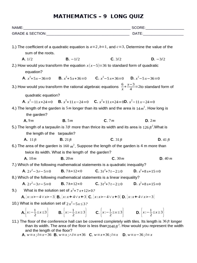 9th Grade Mathematics Long Quiz | PDF | Quadratic Equation ...