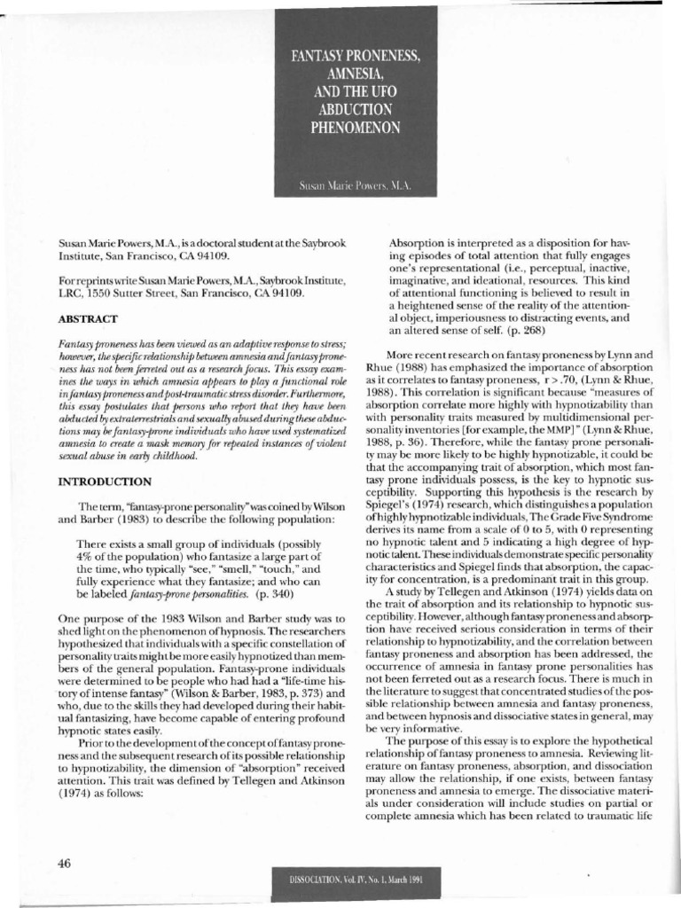 Amnesia's Role in Fantasy Proneness | PDF | Dissociation (Psychology ...