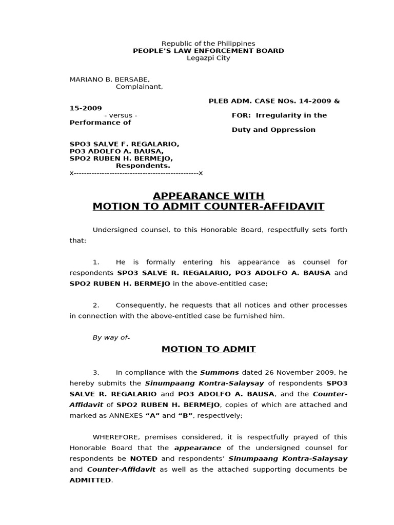Motion to Admit Counter-Affidavit in PLEB Case | PDF | Affidavit ...