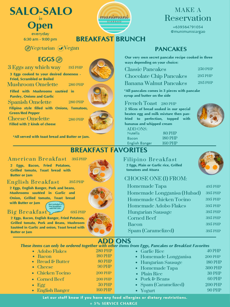 Breakfast and Brunch Menu Highlights | PDF | Pancake | Bacon