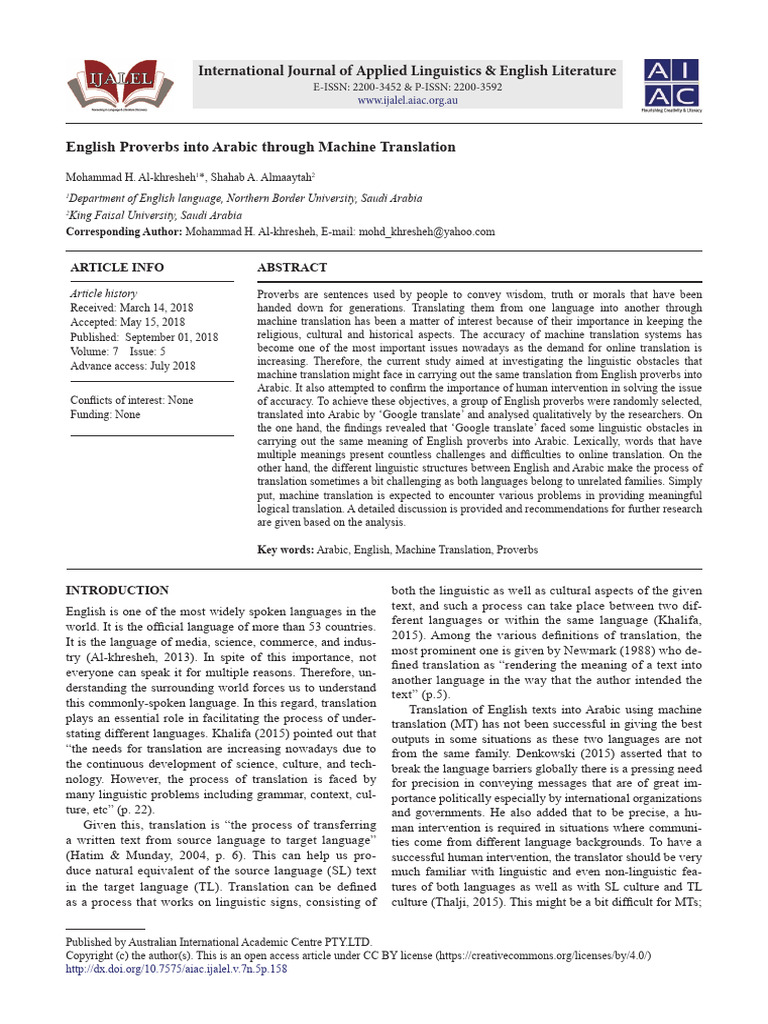 English Proverbs Into Arabic Through Machine Translation | PDF ...