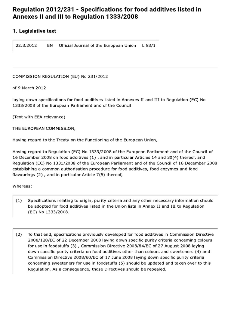Regulation 2012 - 231 - Specifications Fo.. 欧盟的一些指标。 | PDF