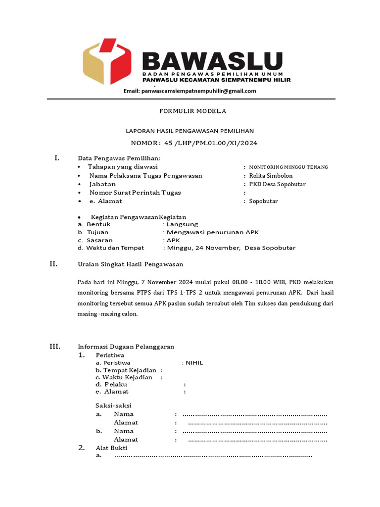 Laporan Pengawasan Pemilu Sopobutar | PDF