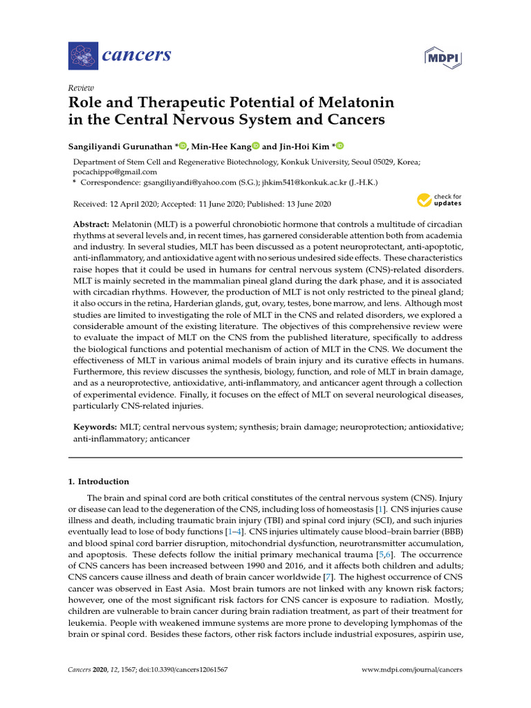 Role and Therapeutic Potential of Melatonin in CNS and Cancer | PDF ...