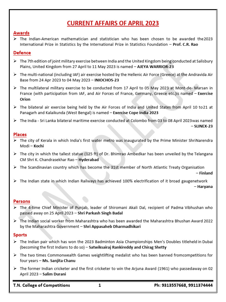 April Current Affairs 2023 English Pdf