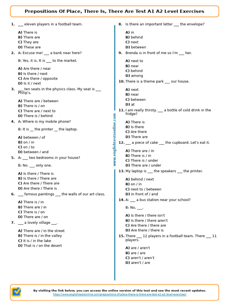 A1 A2 Prepositions & There Is/Are Test | PDF