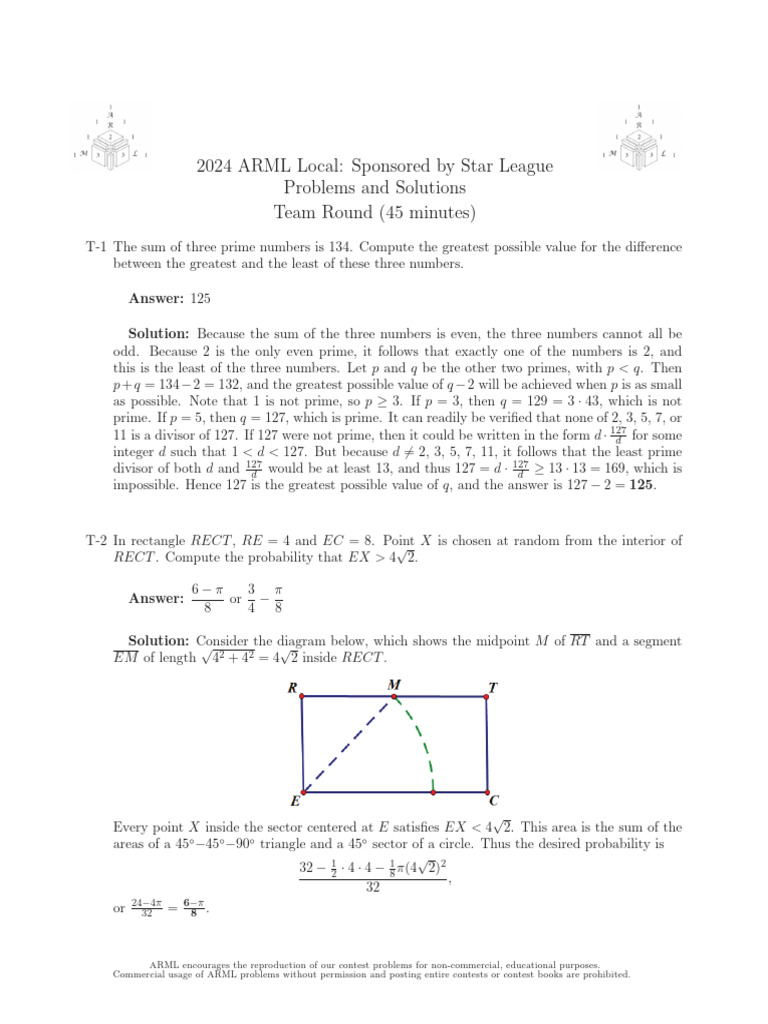 2024 ARML Local Problems and Solutions | PDF | Square Root | Quadratic ...