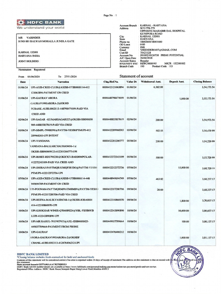 Varinder hdfc bank statement scan pdf