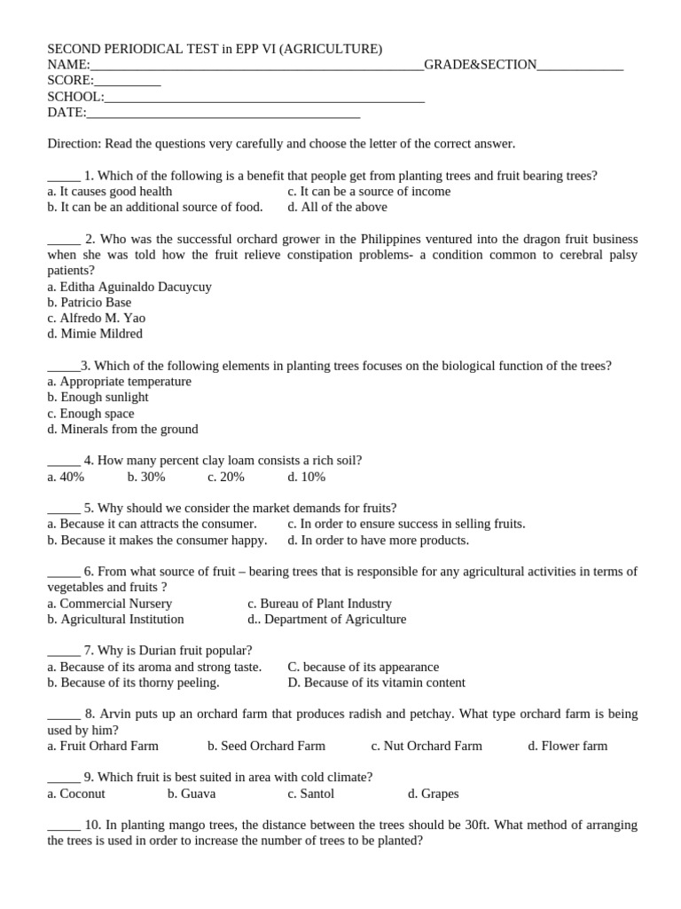 EPP VI Agriculture Periodical Test | PDF | Plants | Trees