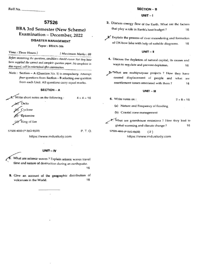 Bba 3 Sem Disaster Management 57526 Dec 2022 | PDF
