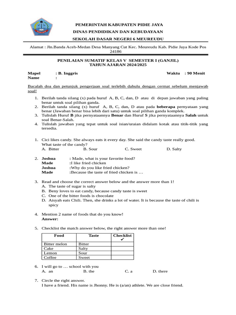 Bahasa Inggris Kelas 5 Semester 1 Pdf Taste Foods