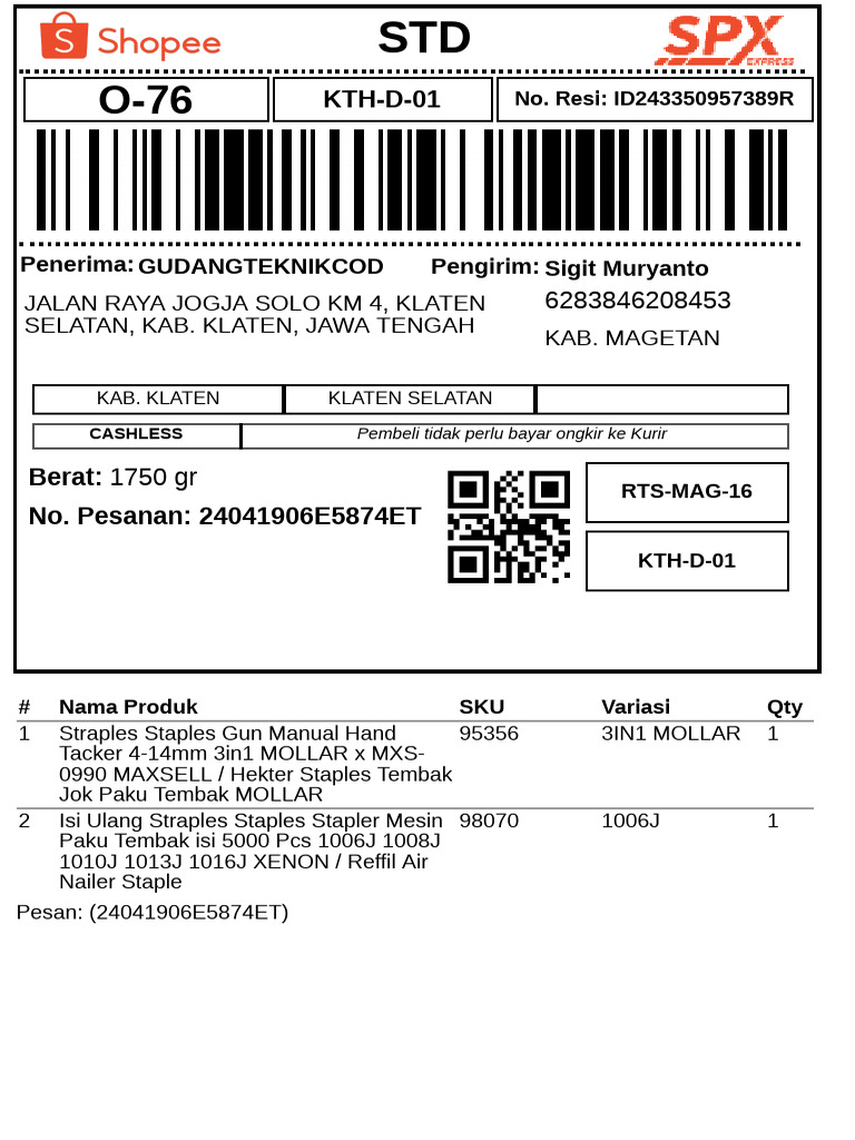 Resi Pengiriman Produk Gudang Teknik | PDF