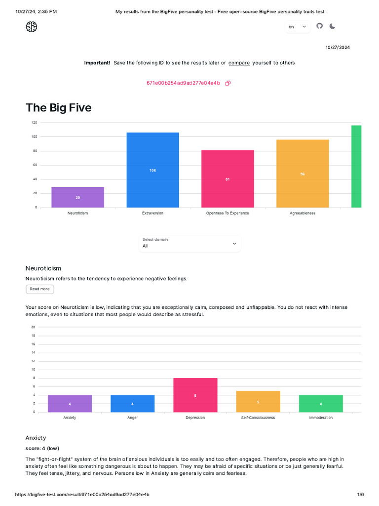Big Five Personality Test Results | PDF | Anxiety | Extraversion And ...