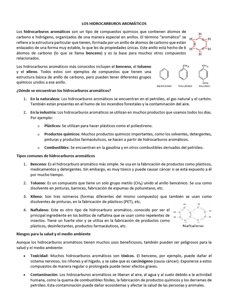 Hidrocarburos Aromáticos: Usos y Riesgos | PDF | Hidrocarburos | Benceno