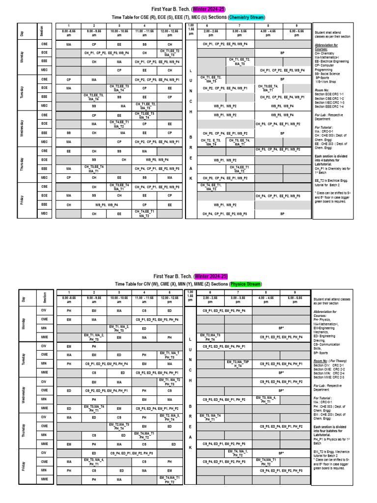 FirstYearBTechTimeTable2024 25 | PDF | Computing | Computer Engineering