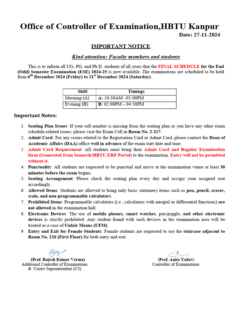 HBTU Kanpur ESE Schedule 2024-25 | PDF