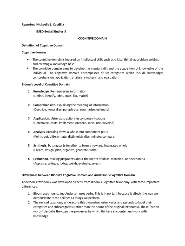 Cognitive Domain Pdf Cognition Knowledge