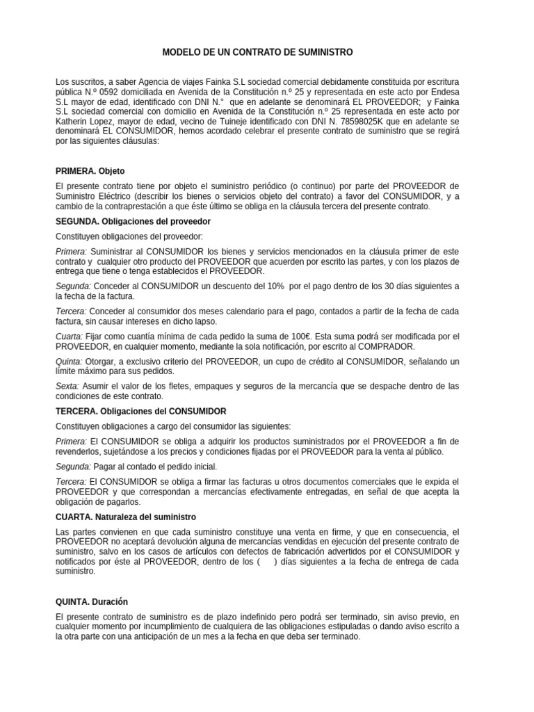 MODELO DE UN CONTRATO DE SUMINISTRO Tema 1 | PDF | Los consumidores