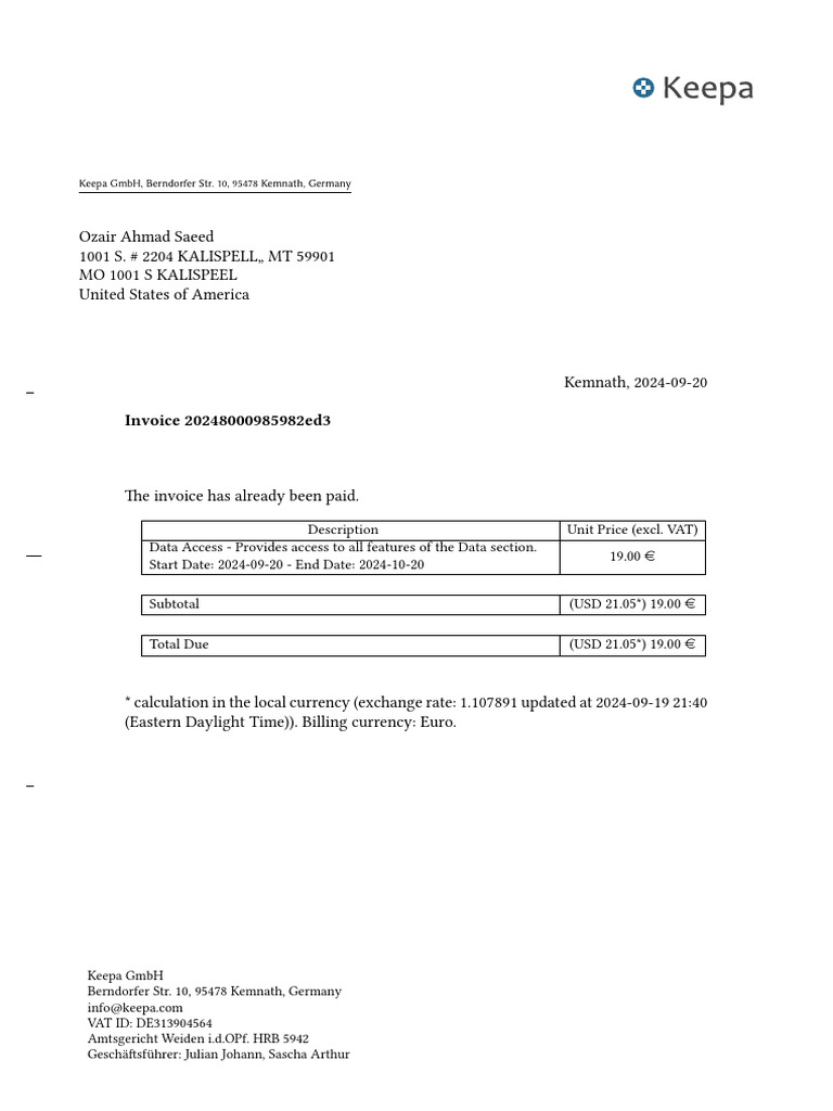 Keepa GmbH Invoice Details | PDF