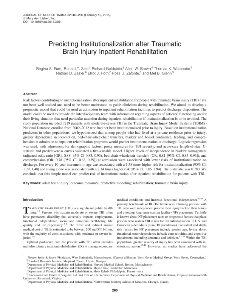 Predicting Institutionalization After TR | PDF | Traumatic Brain Injury ...