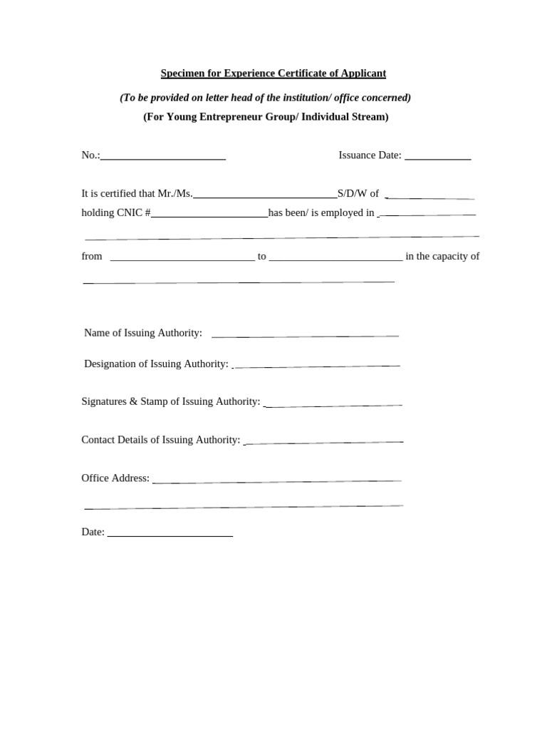 Specimen For Experience Certificate of Applicant | PDF