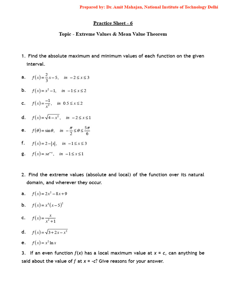 Practice Sheet 6 - Maxima and Minima | PDF | Mathematical Concepts ...