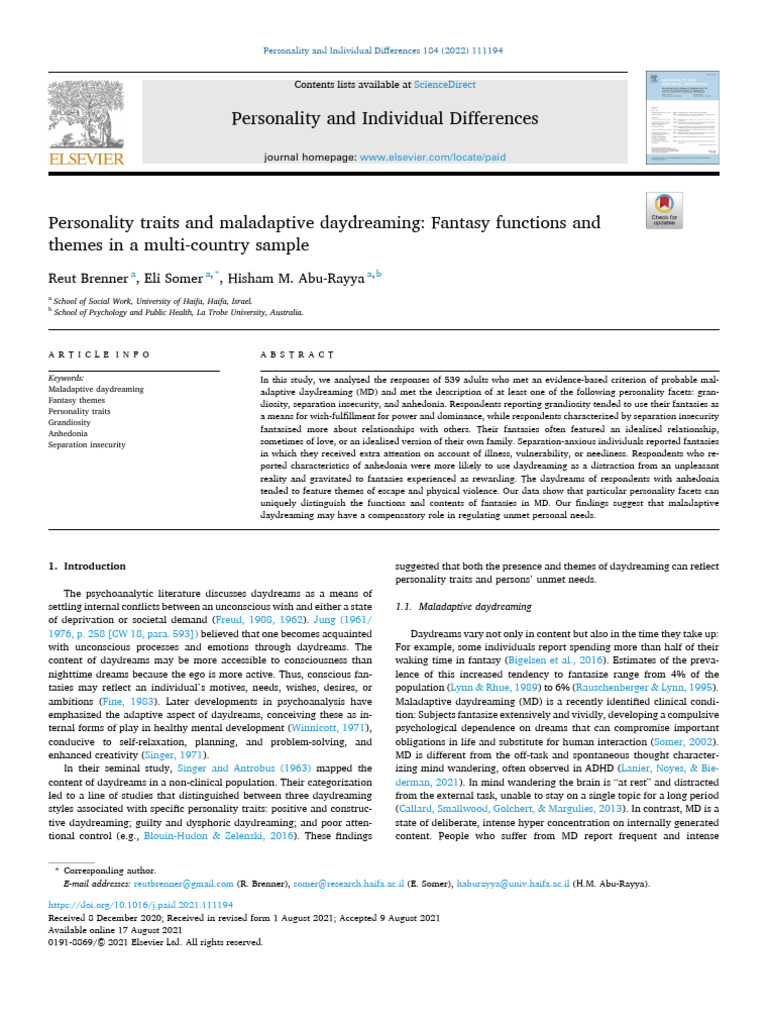 Maladaptive Daydreaming and Personality Traits | PDF | Narcissism ...
