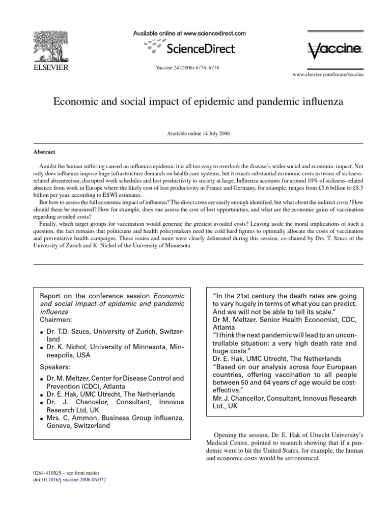 Economic and Social Impact of Epidemic and Pandemic Influenza 2006 ...
