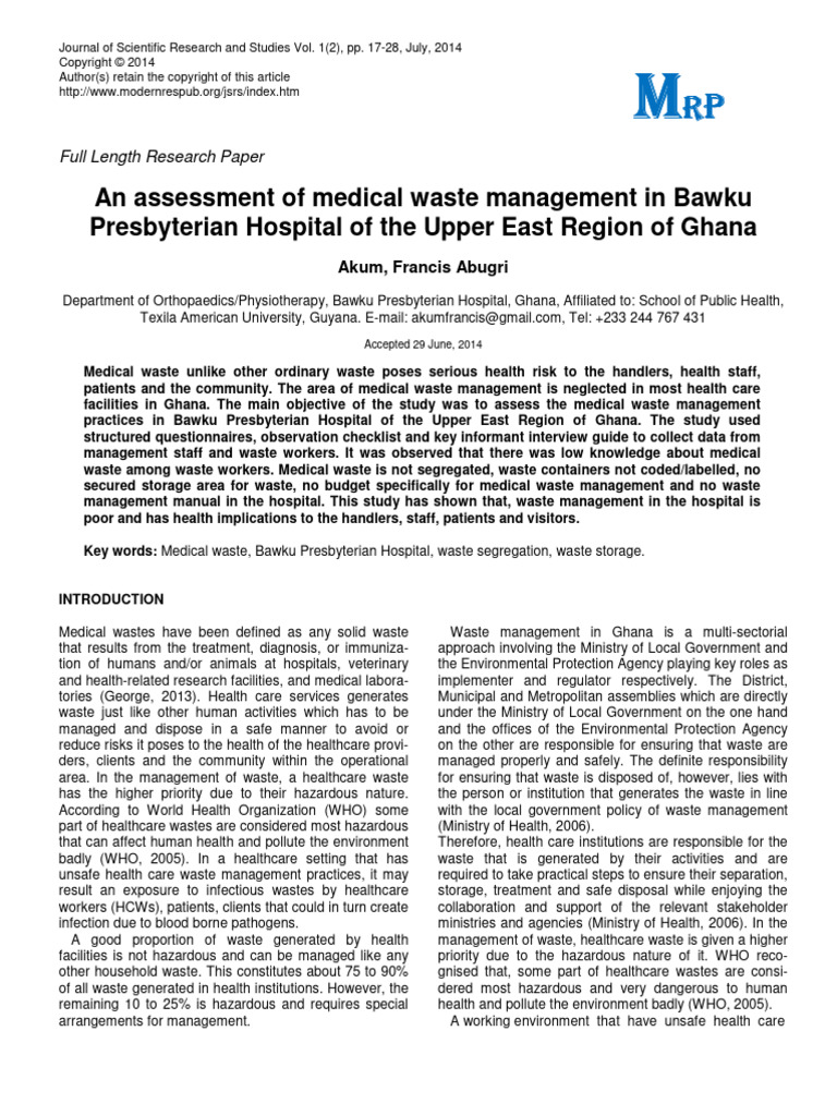An Assessment of Medical Waste Managemen | PDF | Waste | Waste Management
