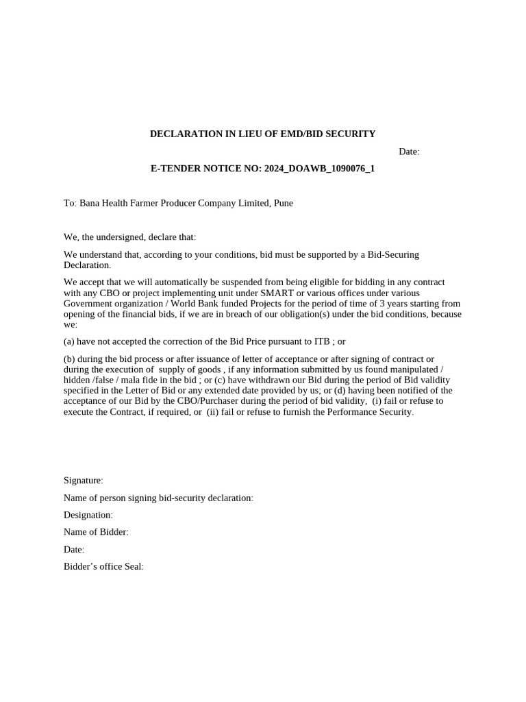 Bid Security Declaration Form 2 | PDF